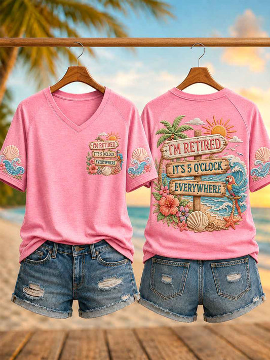 Women's I'm Retired It's 5 O'clock Everywhere Parrot Print Casual V-Neck Tee