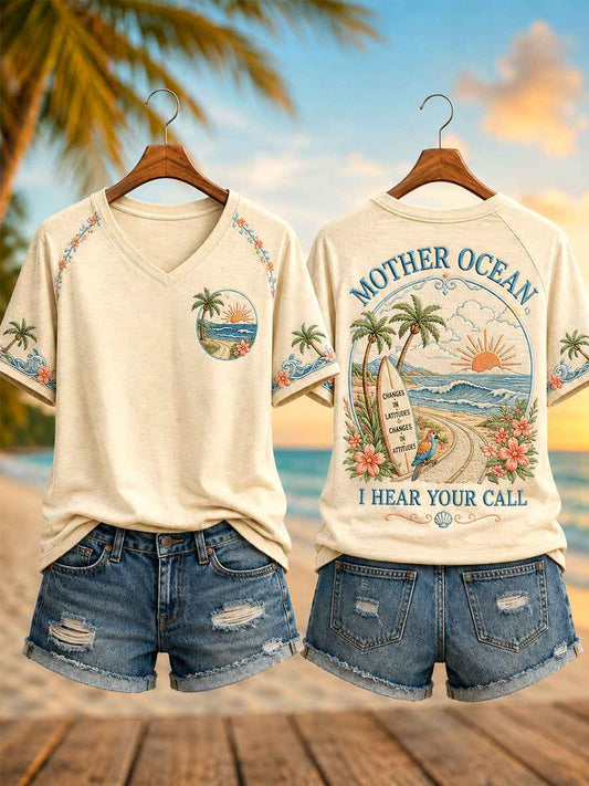 Women's Mother Ocean I Have Heard You Call Print Casual V-Neck Short Sleeve Tee