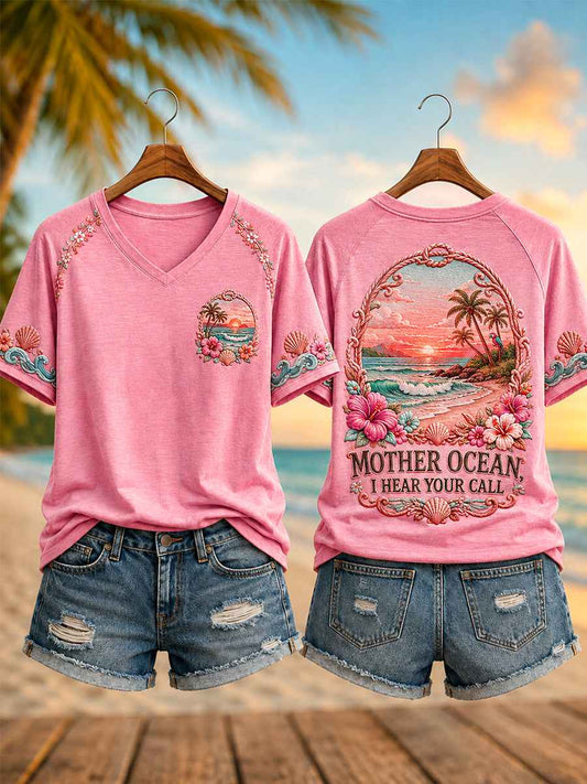 Women's Mother Ocean I Have Heard You Call Print Casual V-Neck Short Sleeve Tee