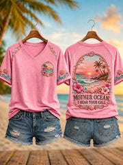Women's Mother Ocean I Have Heard You Call Print Casual V-Neck Short Sleeve Tee