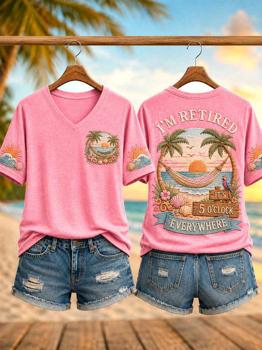 Women's I'm Retired It's 5 O'clock Everywhere Parrot Print Casual V-Neck Tee