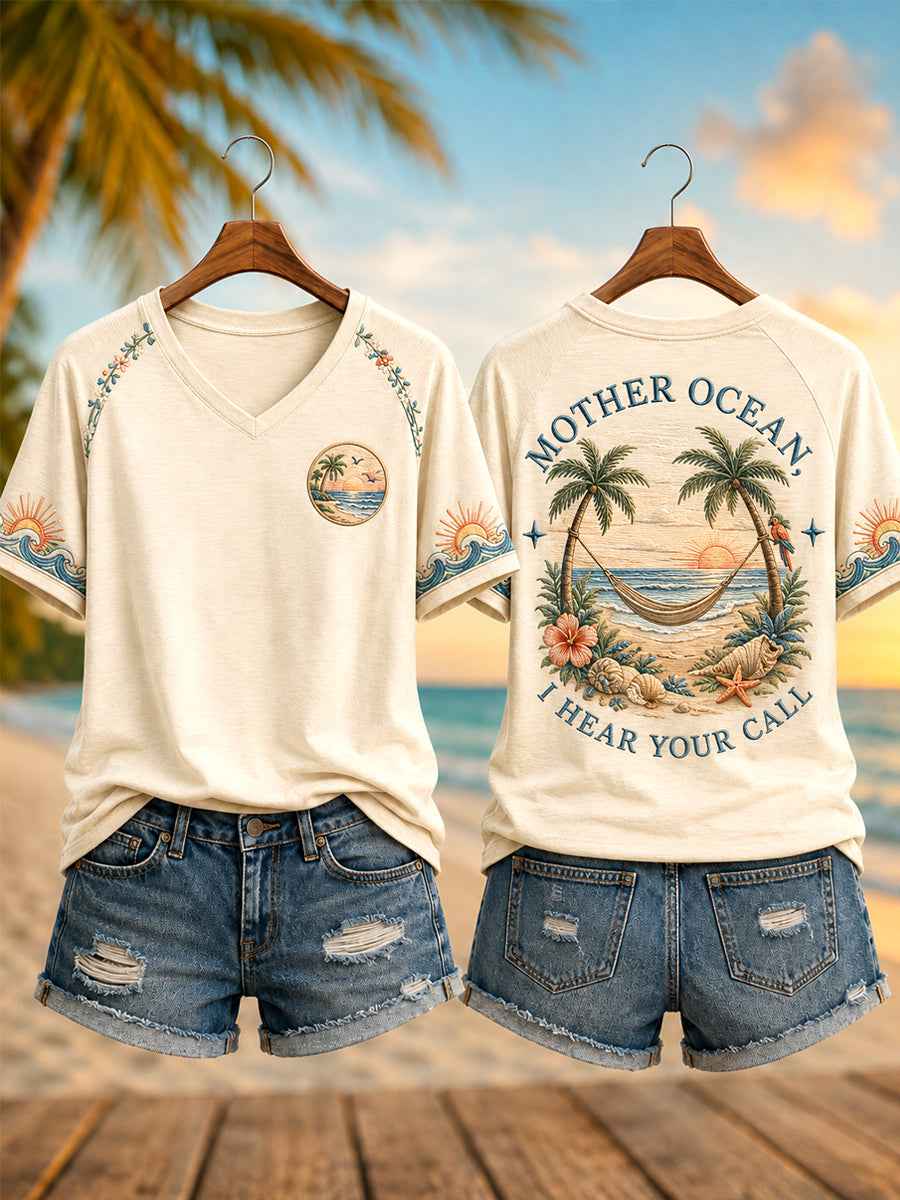 Women's Mother Ocean I Have Heard You Call Print Casual V-Neck Short Sleeve Tee