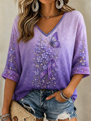 Women's Purple Floral & Butterfly Print Alzheimer's Awareness Support V-Neck Tee gracestitchs