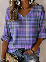 Women's Alzheimer's Awareness Support Purple Grid Pattern V-Neck Shirt