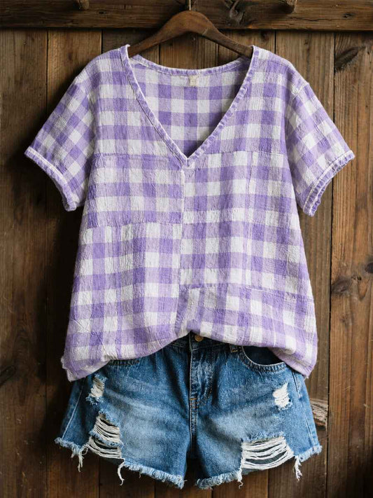 Women's Alzheimer's Awareness Support Purple Grid Pattern V-Neck Short Sleeves Shirt