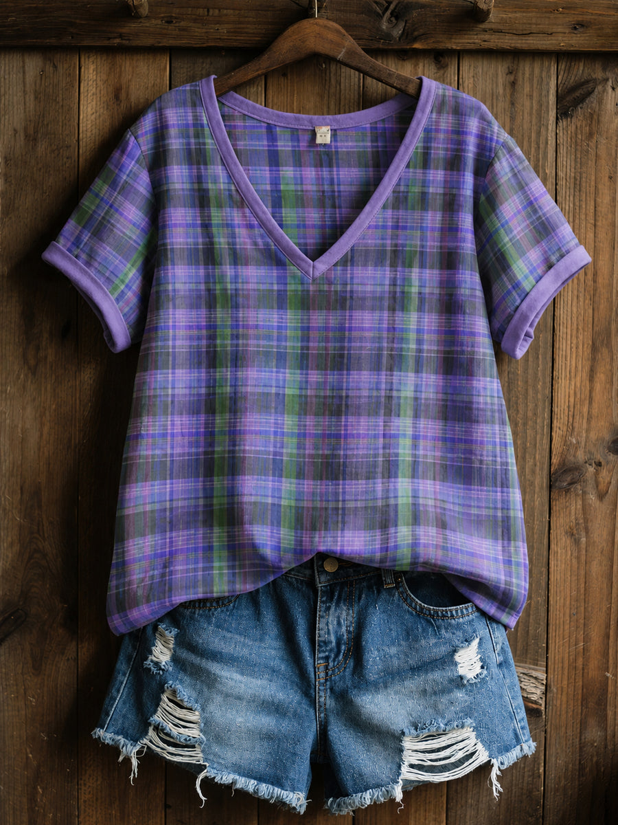 Women's Alzheimer's Awareness Support Purple Grid Pattern V-Neck Short Sleeves Shirt gracestitchs