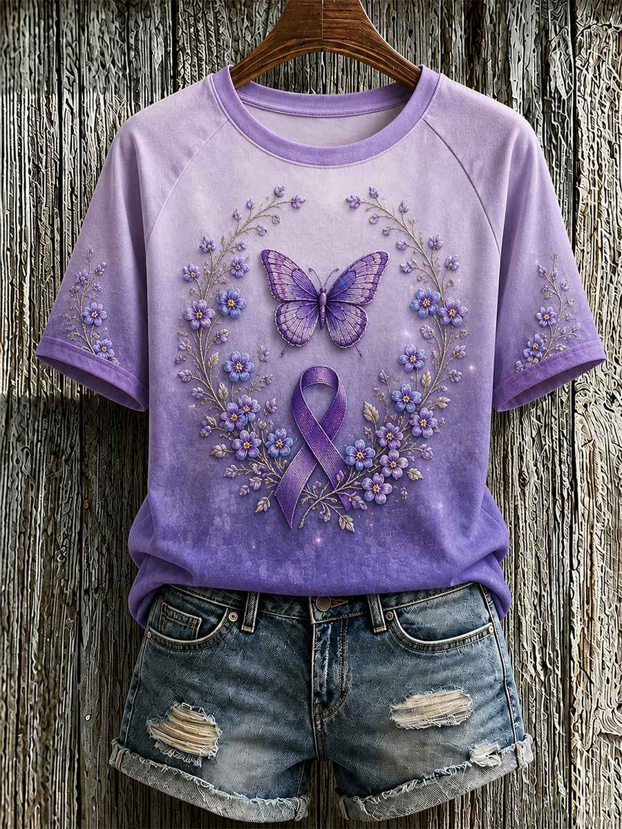 Women's Purple Floral & Butterfly Print Alzheimer's Awareness Support Tee