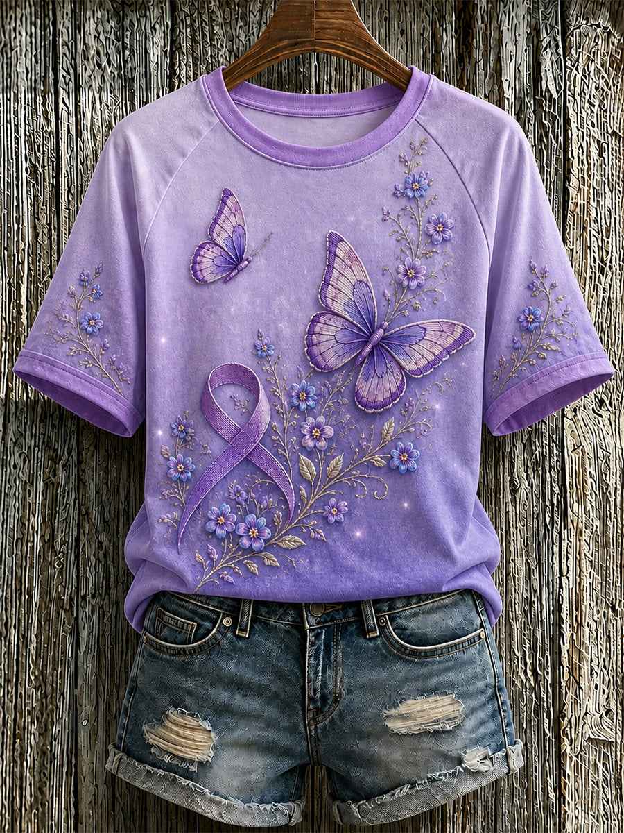 Women's Purple Floral & Butterfly Print Alzheimer's Awareness Support Tee