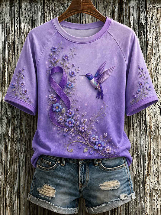 Women's Purple Floral & Hummingbird Print Alzheimer's Awareness Support Tee