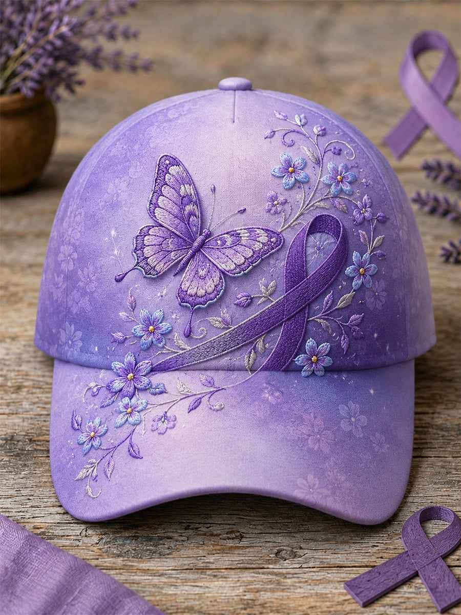 Unisex Purple Floral & Butterfly Print Alzheimer's Awareness Support Hat
