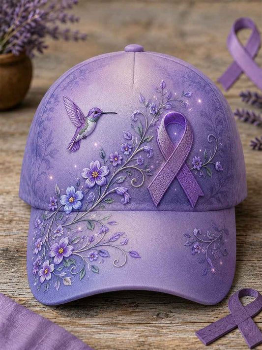 Unisex Purple Floral & Hummingbird Print Alzheimer's Awareness Support Hat