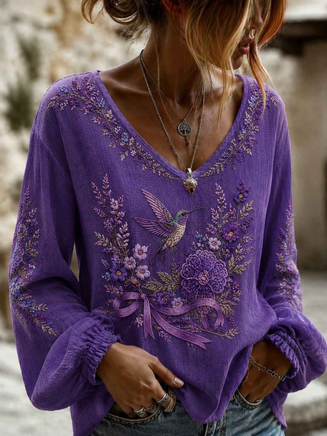 Women's Alzheimer's Awareness Printed Cotton-Linen Shirt
