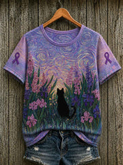 Women's Alzheimer's Awareness Support Purple Floral & Cat Print  Short-sleeved T-shirt