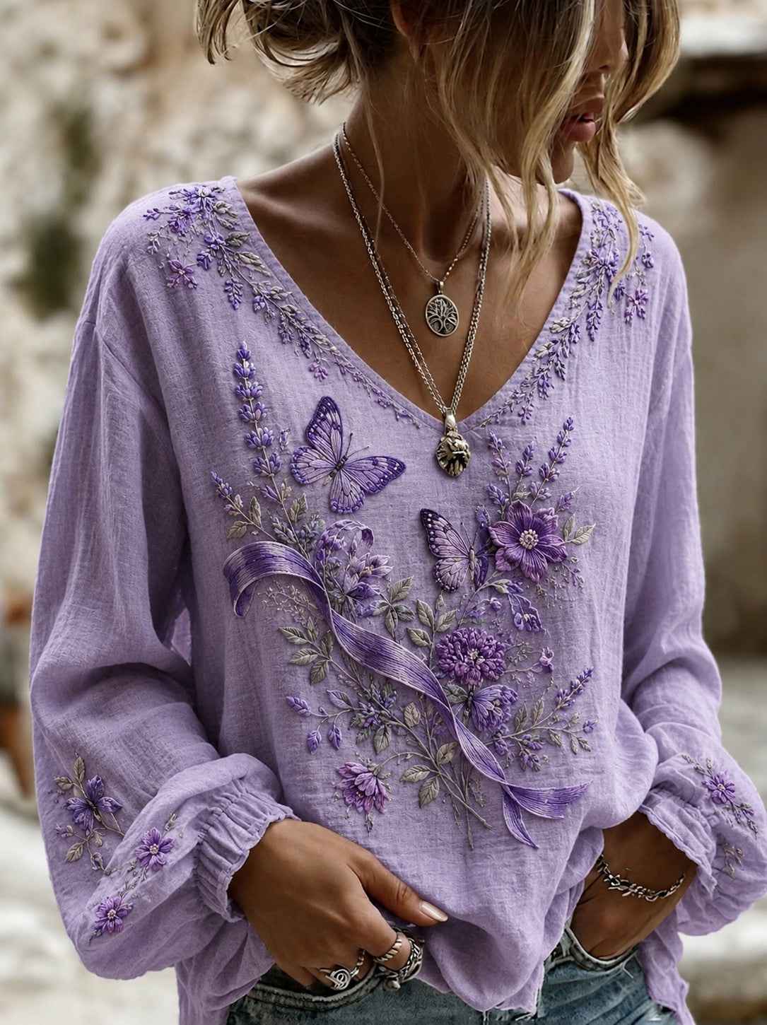 Women's Alzheimer's Awareness Printed Cotton-Linen Shirt