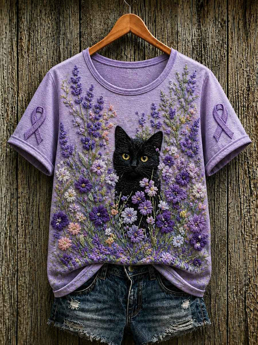 Women's Alzheimer's Awareness Support Purple Floral & Cat Print  Short-sleeved T-shirt