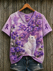 Women's Alzheimer's Awareness Support Purple Floral & Cat Print  Short-sleeved T-shirt