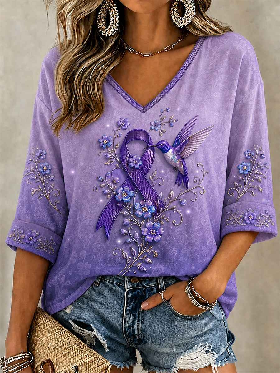 Women's Purple Floral & Hummingbird Print Alzheimer's Awareness Support V-Neck Tee