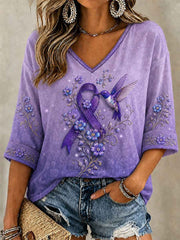 Women's Purple Floral & Hummingbird Print Alzheimer's Awareness Support V-Neck Tee