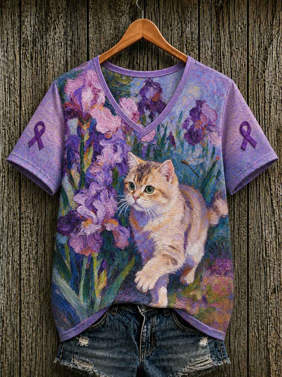 Women's Alzheimer's Awareness Support Purple Floral & Cat Print  Short-sleeved T-shirt