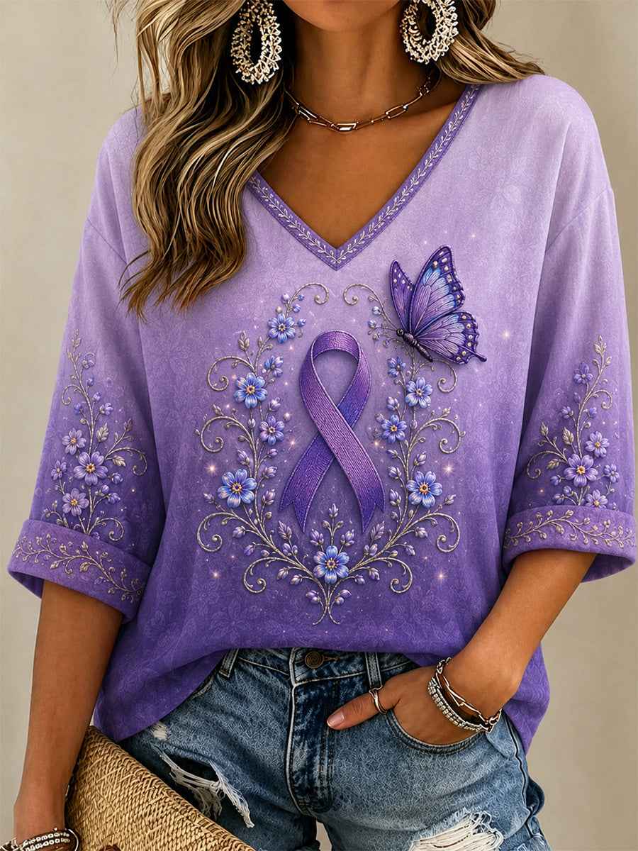 Women's Purple Floral & Butterfly Print Alzheimer's Awareness Support V-Neck Tee