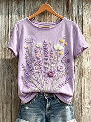 Women's Classy Light Purple Floral Print Short-sleeved T-shirt gracestitchs