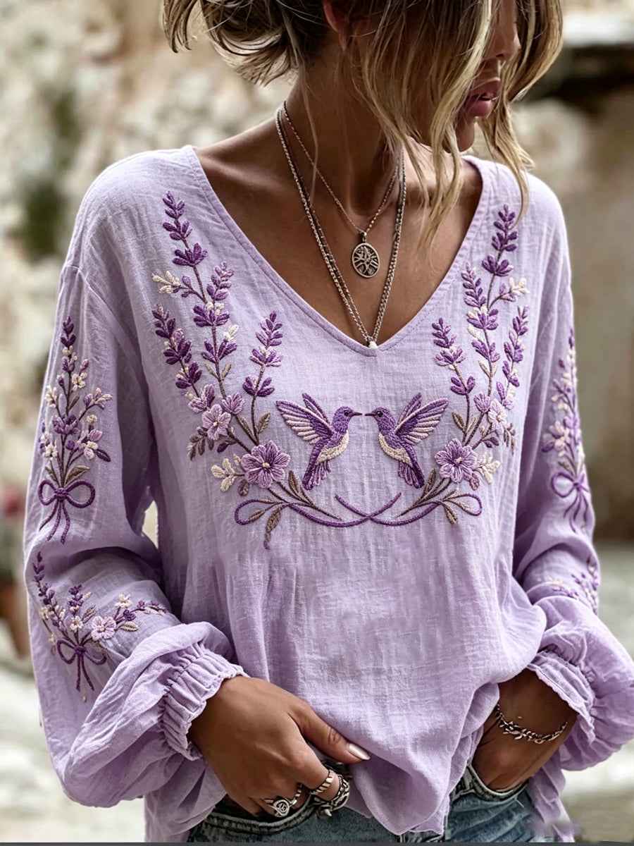 Women's Purple Flora Art Print Cotton-Linen Shirt