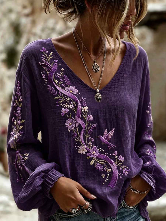 Women's Purple Flora Art Print Cotton-Linen Shirt