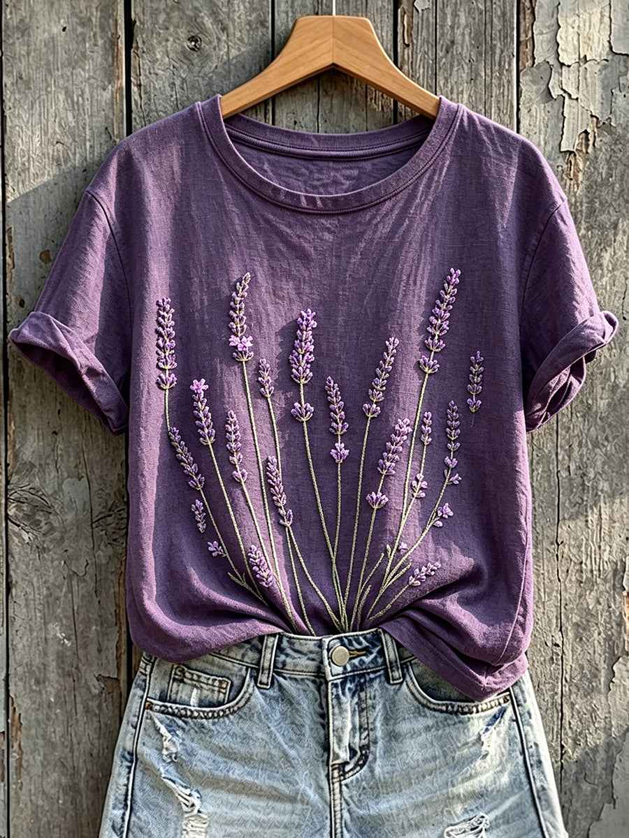 Women's Classy Purple Lavender Print Short-sleeved T-shirt