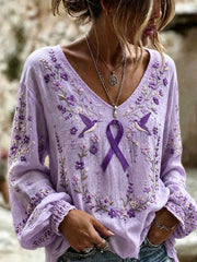Women's Purple Flora Art Print Cotton-Linen Shirt