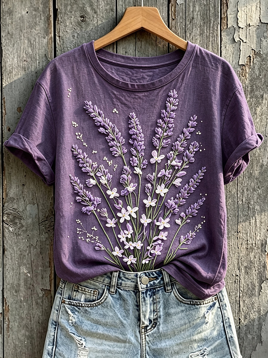 Women's Classy Purple Floral Art Print Short-sleeved T-shirt gracestitchs