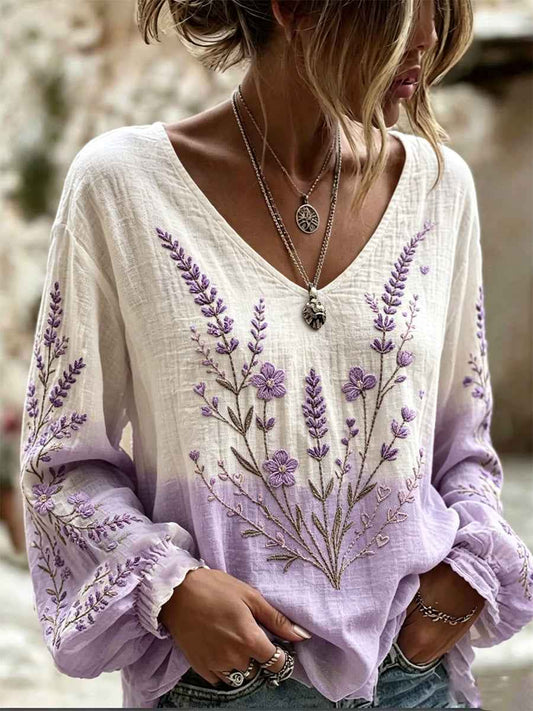 Women's Purple Flora Art Print Cotton-Linen Shirt