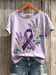 Women's Classy Floral Purple Ribbon Print Short-sleeved T-shirt