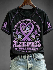 Women's Alzheimer's Awareness Purple Ribbon Print Round Neck Short Sleeve T-shirt