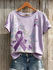 Women's Classy Floral Purple Ribbon Print Short-sleeved T-shirt
