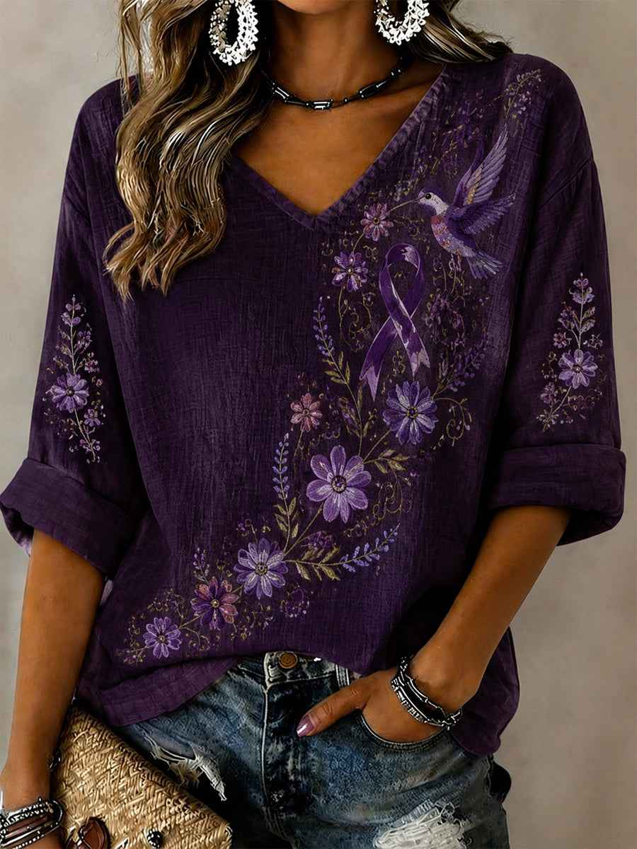 Women's Purple Flora Art Print Casual T-shirt