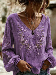 Women's Purple Flora Art Print Cotton-Linen Shirt
