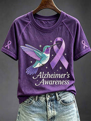 Women's Alzheimer's Awareness Hummingbird Print Round Neck Short Sleeve T-shirt