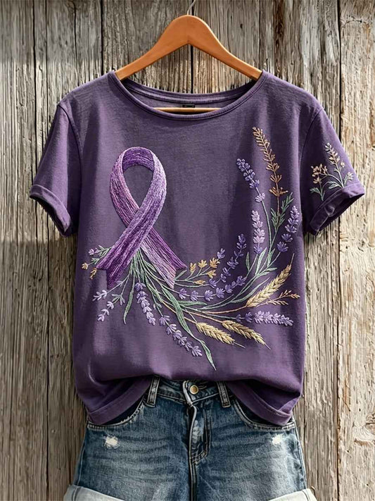 Women's Purple Ribbon Art Floral Print Short-sleeved T-shirt
