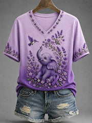 Women's Purple Floral & Elephant Print Alzheimer's Awareness Support V-Neck Tee