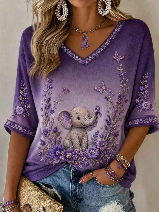 Women's Purple Floral & Elephant Print Alzheimer's Awareness Support Half-Sleeves V-Neck T-Shirt