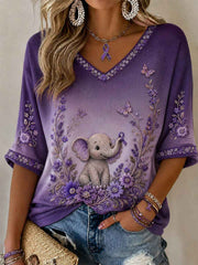 Women's Purple Floral & Elephant Print Alzheimer's Awareness Support Half-Sleeves V-Neck T-Shirt
