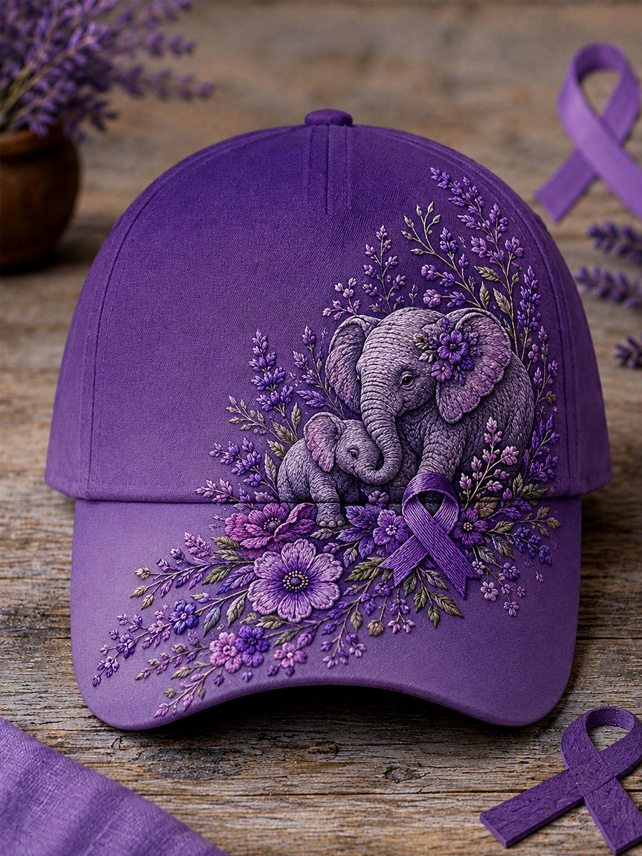 Unisex Purple Ribbon Floral & Elephants Print Alzheimer's Awareness Support Hat gracestitchs
