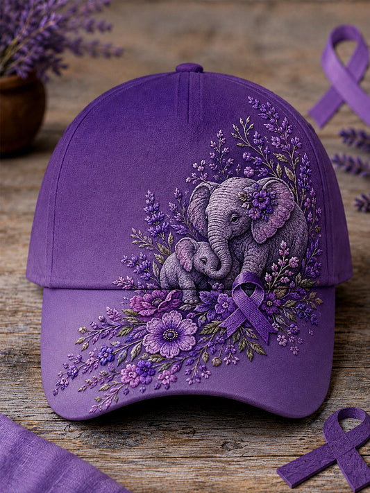 Unisex Purple Ribbon Floral & Elephants Print Alzheimer's Awareness Support Hat gracestitchs