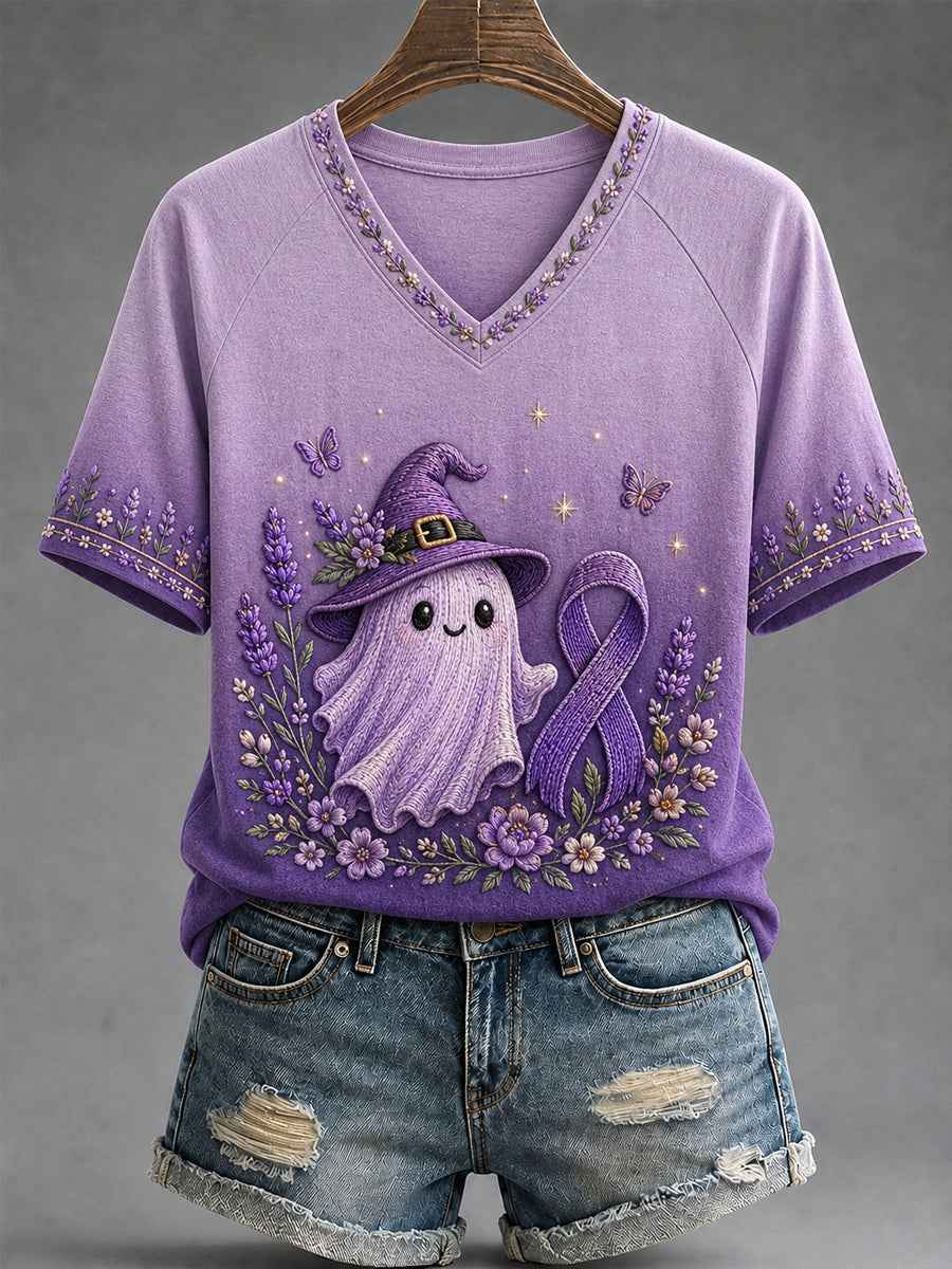 Women's Purple Ribbon Floral & Cute Ghost Print Alzheimer's Awareness Support V-Neck Tee
