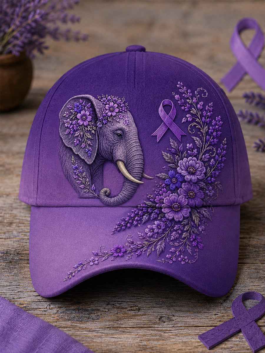 Unisex Purple Floral & Elephant Print Alzheimer's Awareness Support Hat