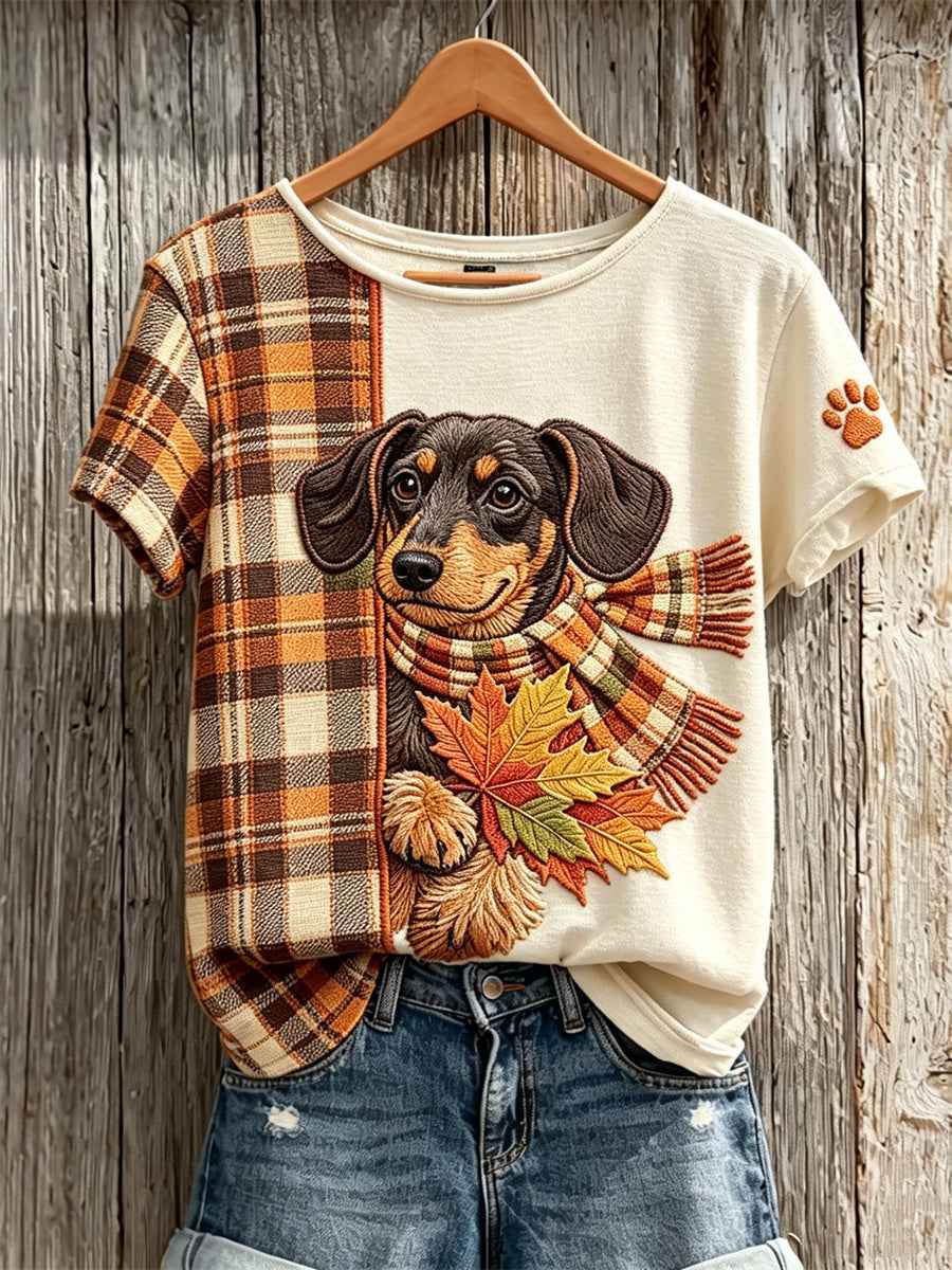 Women's Peeking Dachshund Dog with Maple Leaves Fall Plaid Contrast Print short-sleeved T-shirt
