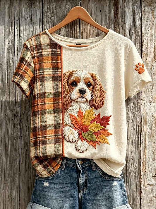 Women's Peeking King Charles Dog with Maple Leaves Fall Plaid Contrast Print short-sleeved T-shirt