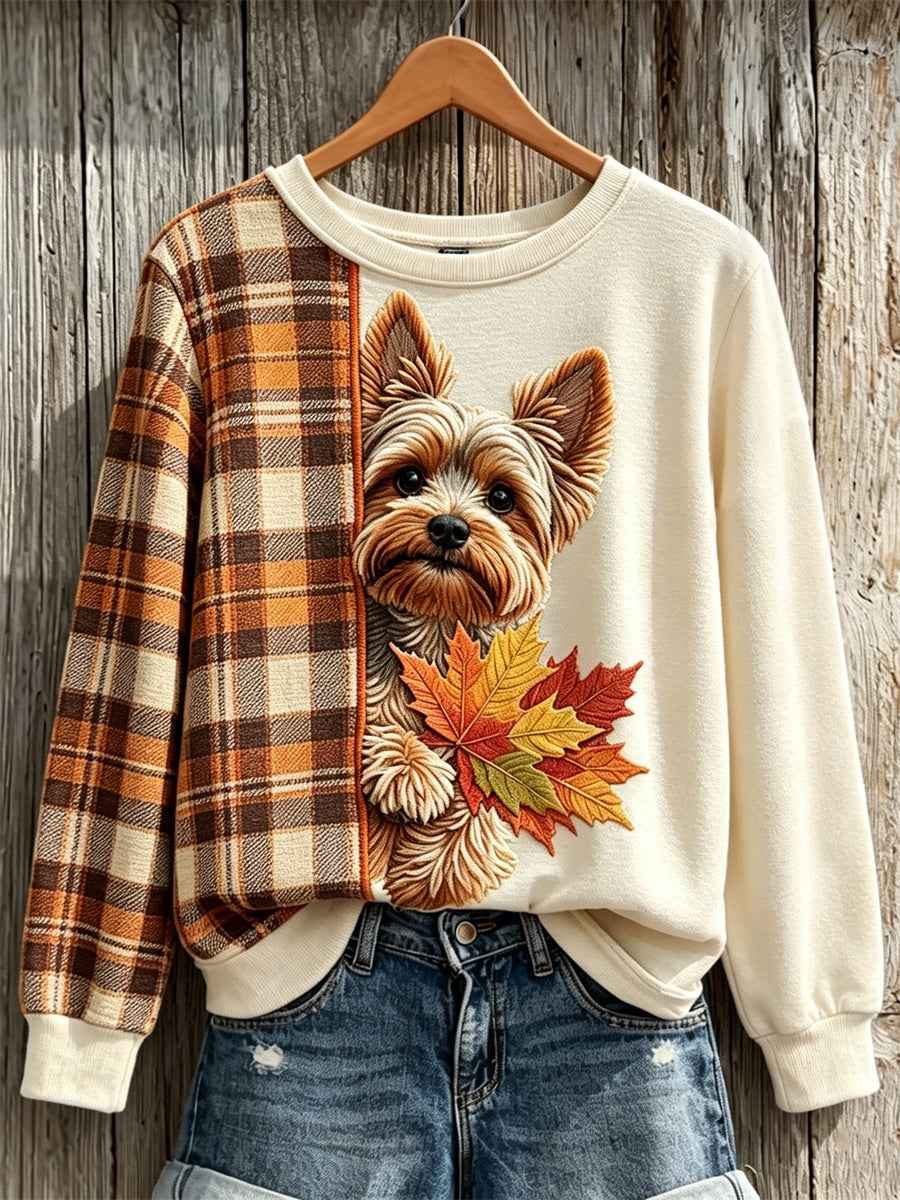 Women's Peeking Yorkshire Terrier Dog with Maple Leaves Fall Plaid Contrast Print Sweatshirt