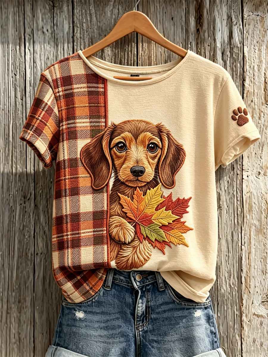 Women's Peeking Dachshund Dog with Maple Leaves Fall Plaid Contrast Print short-sleeved T-shirt