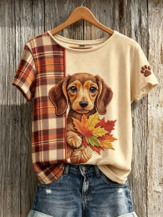 Women's Peeking Dachshund Dog with Maple Leaves Fall Plaid Contrast Print short-sleeved T-shirt